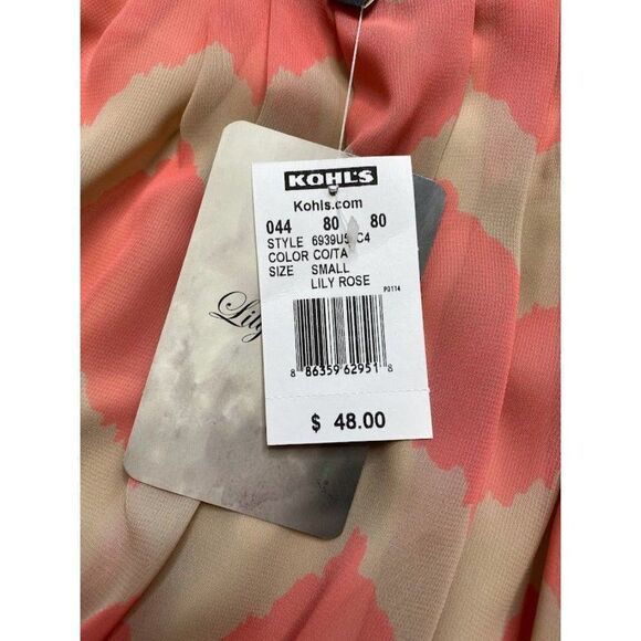 Lily Rose Coral Taupe Cheveron Scoop Neck‎ Belted Chiffon Dress sz Small NEW - Picture 7 of 8